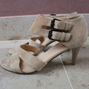 J Crew Heels Women 7 1/2 Shoes Tan Suede Strappy Double Buckle Made In Italy